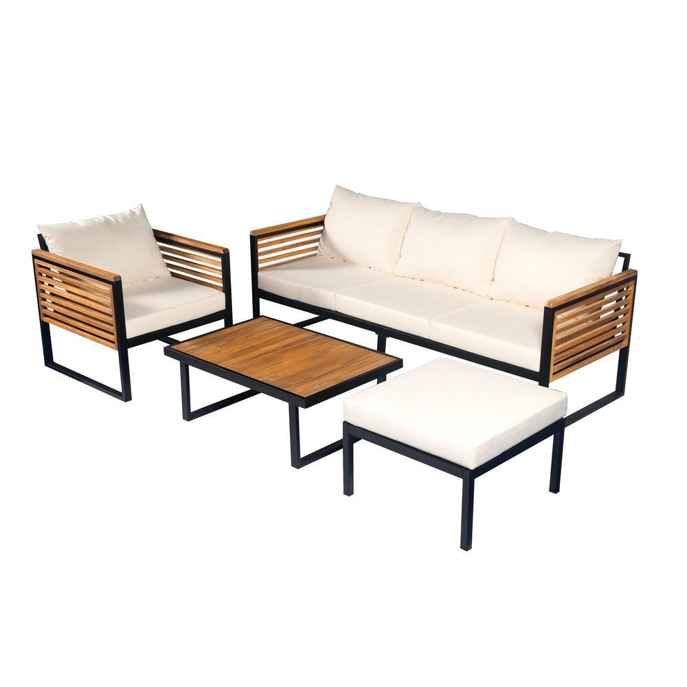 Sudzendf 4-Piece Brown Metal Patio Conversation Set with Beige Cushions ...