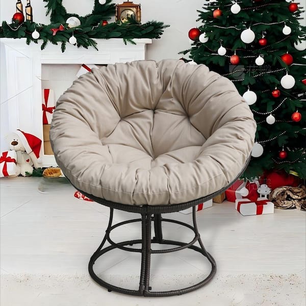 TWT Swivel Brown Wicker Outdoor Recliner Saucer Chair Heavy-duty Metal Frame with Beige Cushion