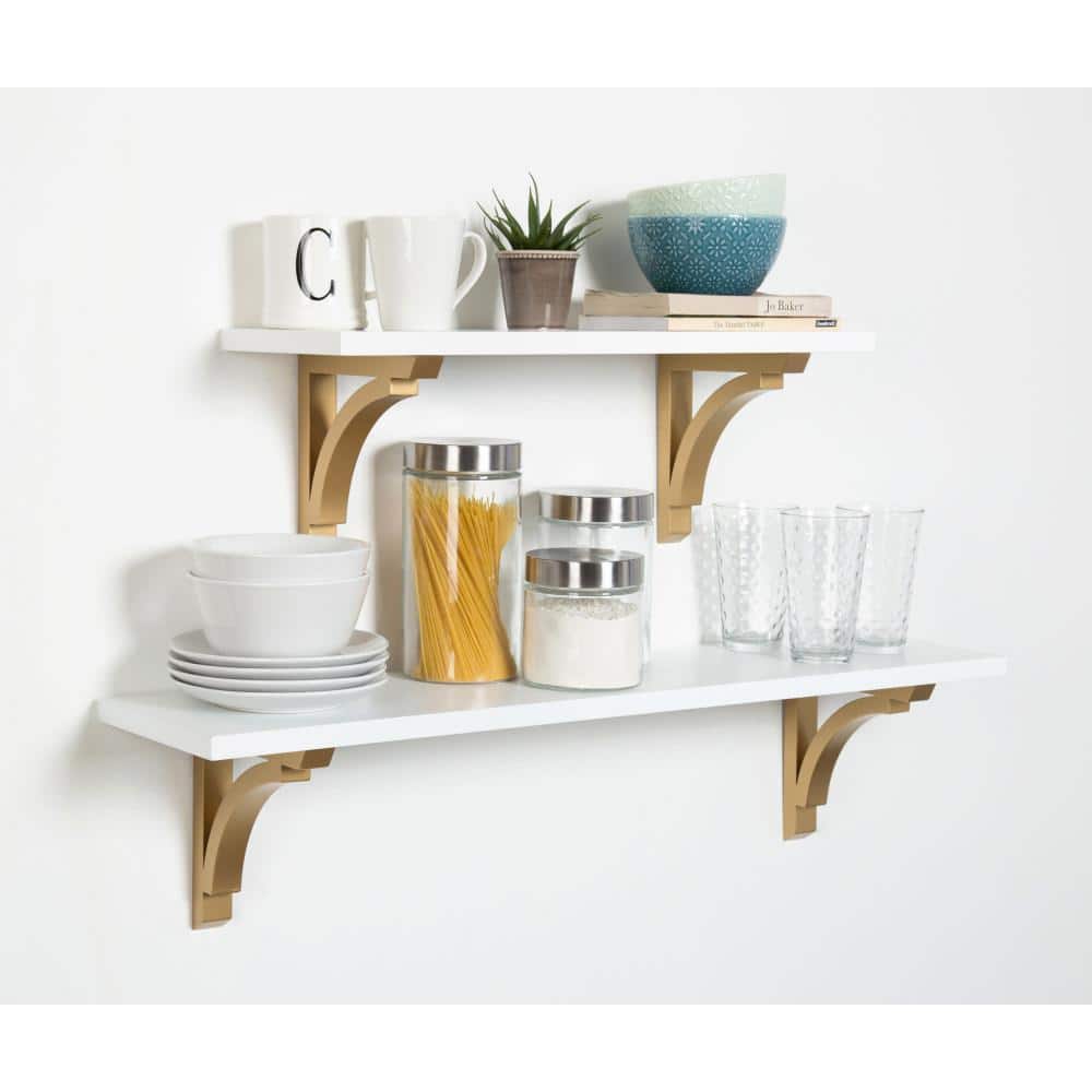 36" White and Gold Floating Wood Wall Shelf