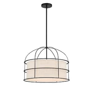 Gateway Park 5-Light Black Cage Pendant to Semi-Flush Mount with Oatmeal Fabric Shade