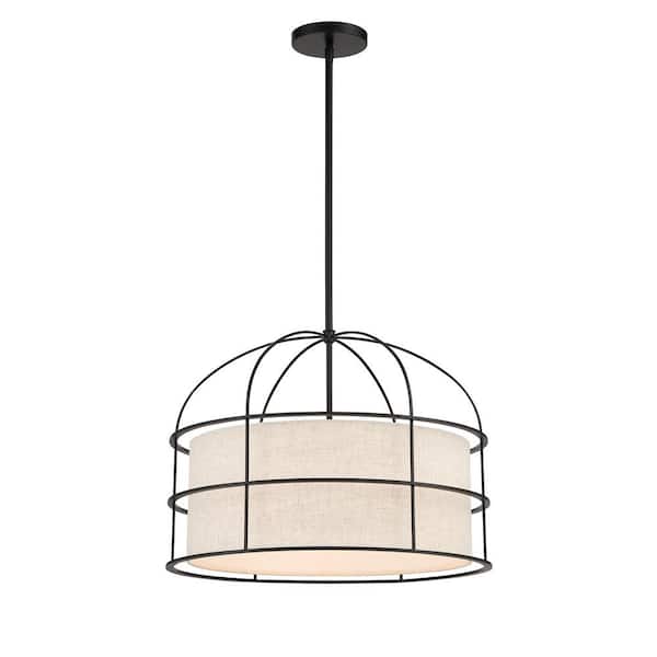 Minka Lavery Gateway Park 5-Light Black Cage Pendant to Semi-Flush Mount with Oatmeal Fabric Shade