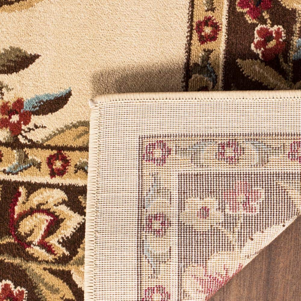 Ivory and Brown Floral Border Medium Pile Area Rug