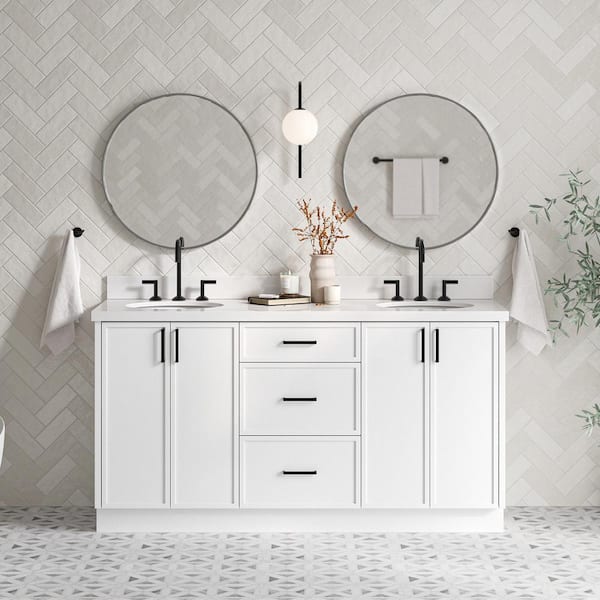 ARIEL Kelly 67 in. W x 22 in. D x 36 in. H Double Bath Vanity in White with Pure White Quartz Top