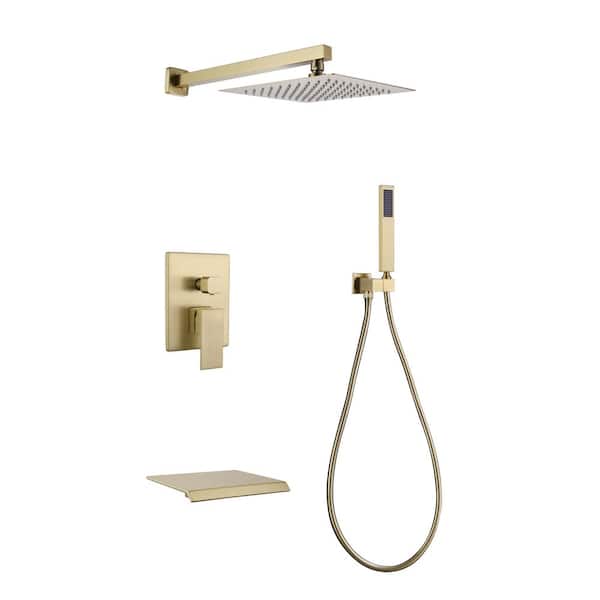 Wall Mounted Waterfall Rain Shower System with Sprays and Handheld Shower in Gold