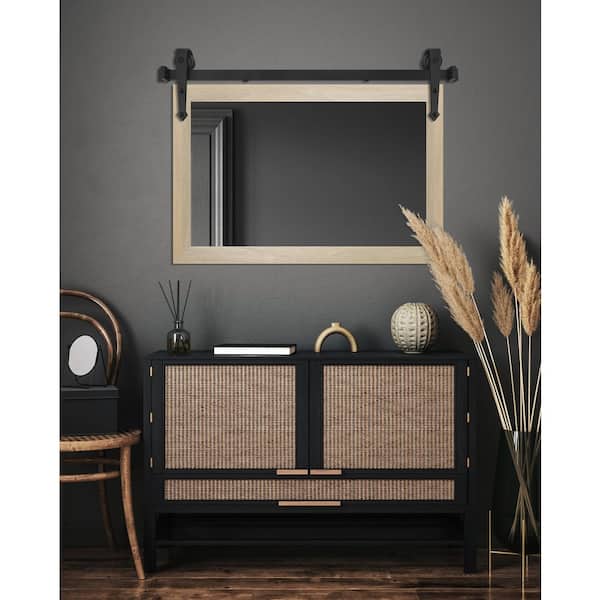 (54 in. W x 33 in. H) Blonde Maple Modern Rustic Mirror with Steel Barn Door Rail