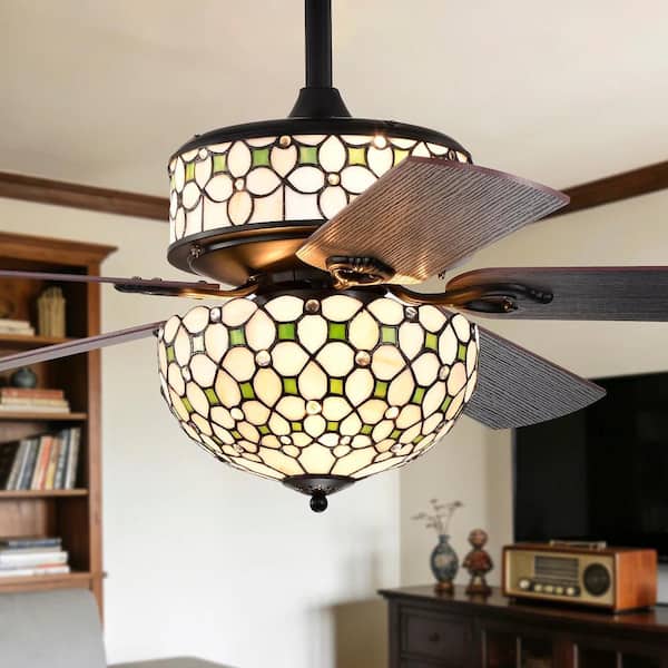 Guarvey 52-Inch Flushmount Two-Tiered Lighted Ceiling Fan Ivory Tiffany Glass Lamp Black Finish