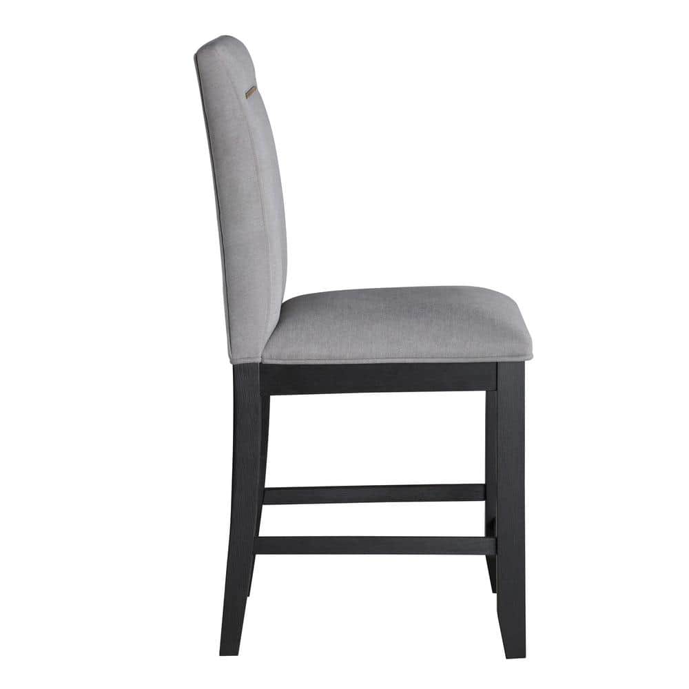 Gray Fabric and Charcoal Wood Counter Stools with Gold Accent
