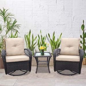 3 -Piece Wicker Outdoor Patio Conversation Set with Khaki Cushions, Rocking Chair with Glass Top Side Table