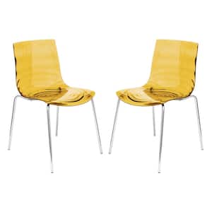Astor Water Ripple Design Modern Lucite Dining Side Chair with Metal Legs Set of 2 in Transparent Orange