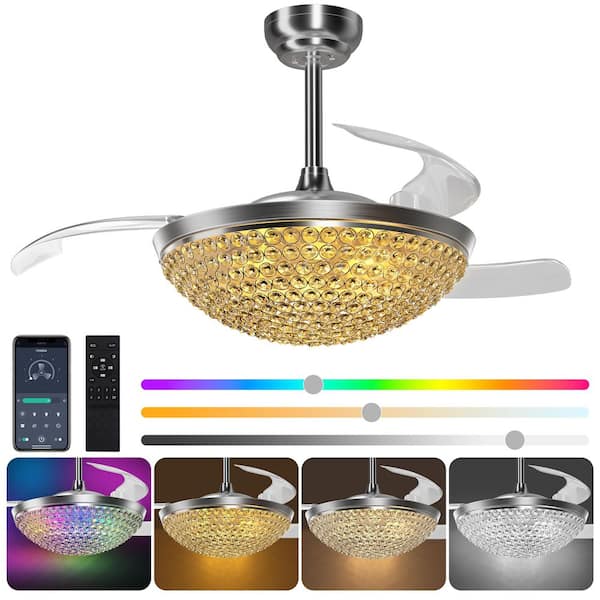 BICIK 42 in. Indoor Silver Retractable Crystal Ceiling Fan with Adjustable LED Light Included with Remote and App Control