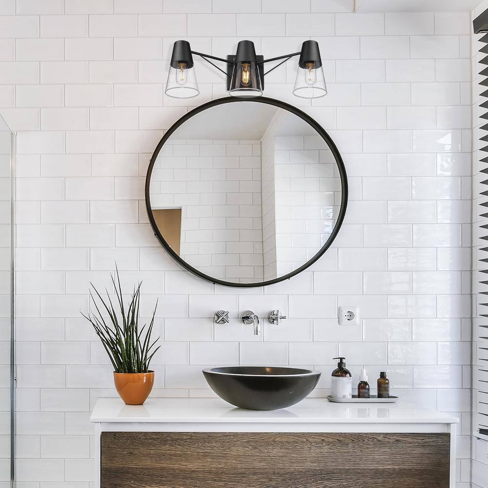 Matte Black and Clear Glass 3-Light Dimmable Vanity Fixture