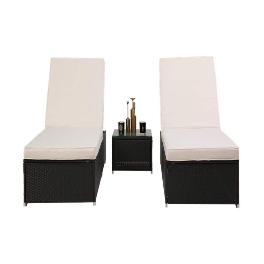 Modern Rattan Outdoor Patio 3-Piece Sun Lounge Chair with Beige Cushion