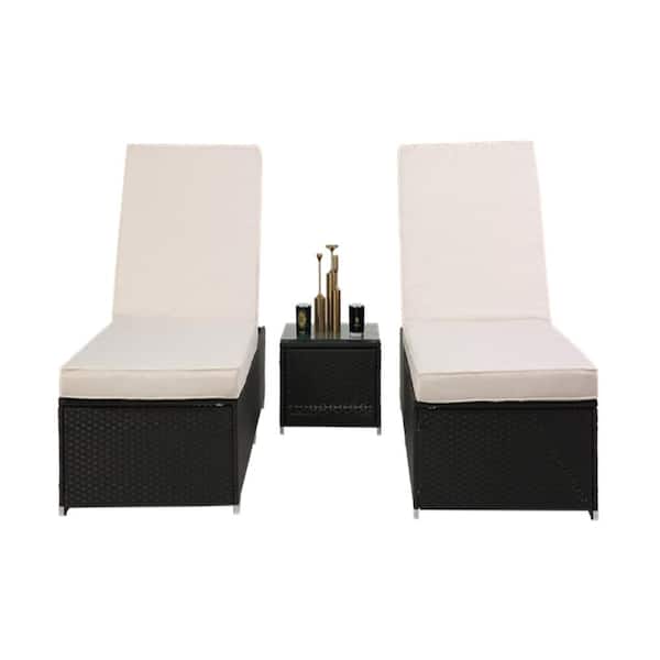 Unbranded Modern Rattan Outdoor Patio 3-Piece Sun Lounge Chair with Beige Cushion