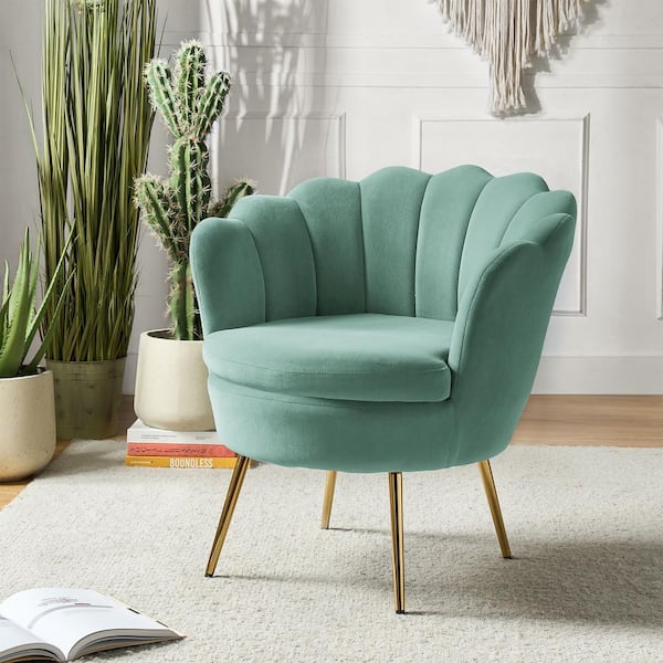 JAYDEN CREATION Fidelia Sage Barrel Accent Arm Chair with Golden Base