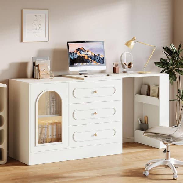 BYBLIGHT Moronia 39.37 in. 360° Rotatable Extendable White Computer Desk with 3 Drawers, Cabinet and Side Storage Shelves