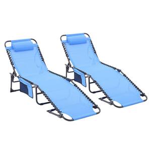 2-Piece Metal Blue Fabric Outdoor Chaise Lounge Chair with Adjustable Backrest, Pillow and Side Pocket for Lawn, Beach