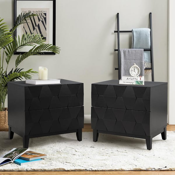 Diana Black 2-Drawer Storage Nightstand with Adjustable Legs and Charging Station (Set of 2)