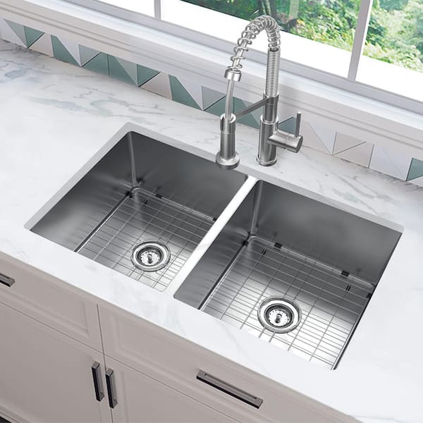 Tight Radius 36 in. Undermount 50/50 Double Bowl 18 Gauge Stainless Steel Kitchen Sink with Accessories
