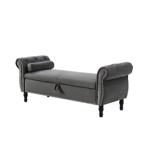 63 in. Gray Velvet Rectangular Sofa Stool Buttons Tufted Nailhead Trimmed Ottoman Solid Wood Legs with 1-Pillow