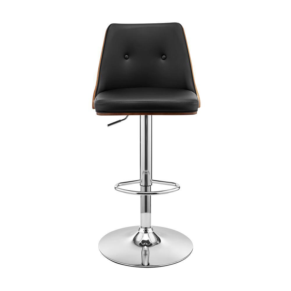 Adjustable Swivel Black Leather & Walnut Wood Bar Stool with Chrome Base
