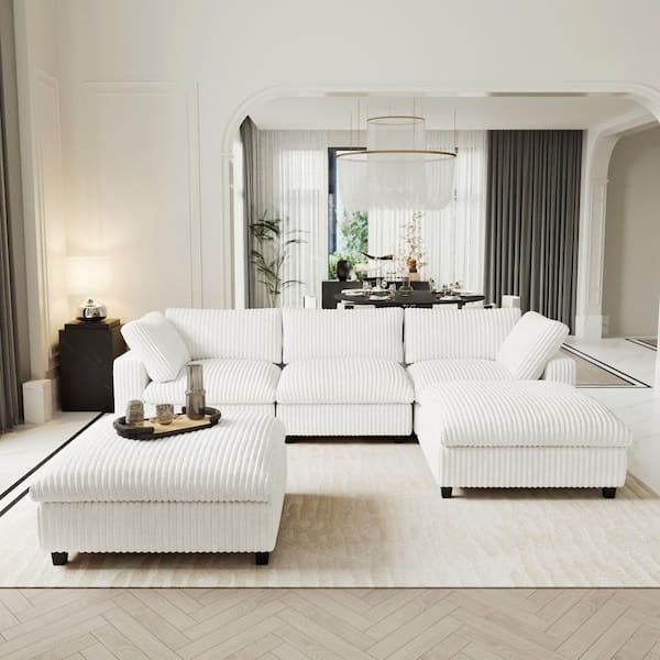 Magic Home 118 in. Square Arm Soft Faux Rabbit Fur Velvet 5-Piece U-Shaped Modern Comfy Cloud Modular Sectional Sofa Couch in Beige