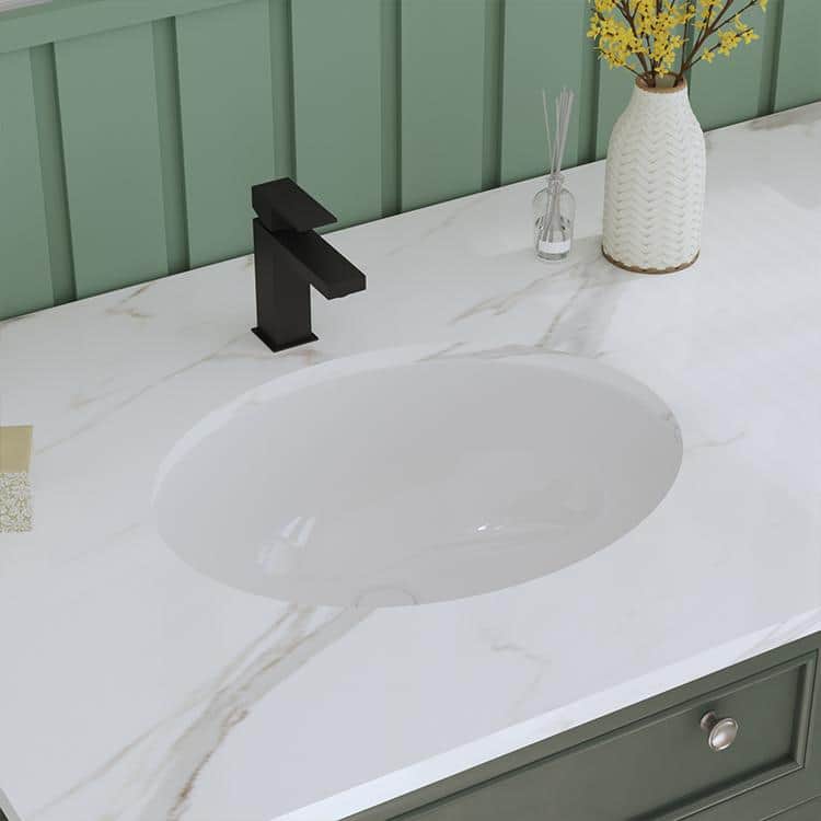 White Ceramic Oval Undermount Bathroom Sink with Overflow