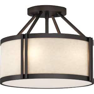 3-Light Indoor Antique Bronze Semi-Flush Mount Ceiling Fixture with Light Beige Linen Drum Shade and Frosted Lens Bottom
