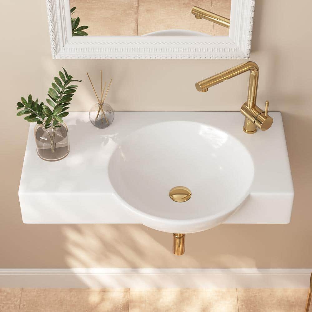 30'' White Ceramic Wall-Mount Bathroom Sink with Faucet Hole