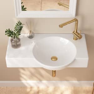 30 in. Right Side White Ceramic Novelty Wall-Mount Sink Wall Hung Rectangular Bathroom Vessel Sink, Single Faucet Hole