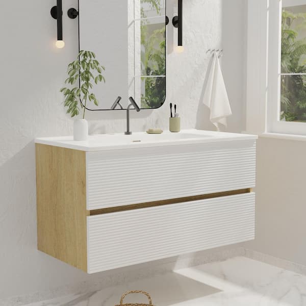 Feelive 36 in. Wall-Mounted Floating Bath Vanity in Natural Oak and White with Single Ceramic Sink Top in White