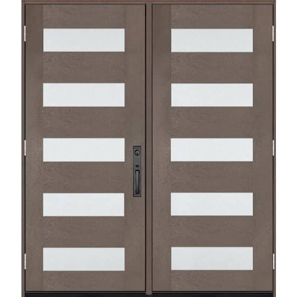 Regency 72 in. x 80 in. 5L Modern Frosted Glass RHOS Ashwd Stain Fiberglass Double Prehung Front Door w/8011 NKL Lockset