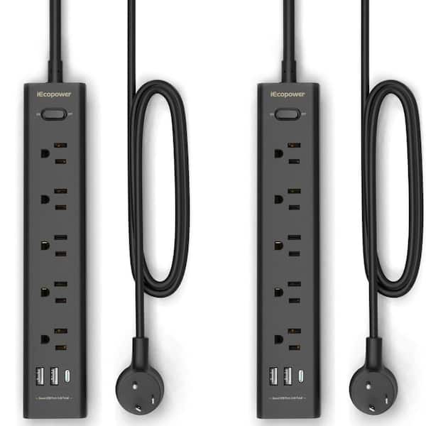 Etokfoks 5-Outlet Power Strip Surge Protector with 3 USB Ports and 5 ft. Long Extension Cord, Black (2-Pack)