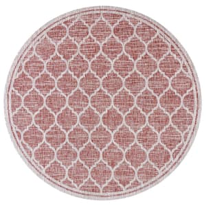 Trebol Moroccan Trellis Textured Weave Red/Beige 4 ft. Round Indoor/Outdoor Area Rug