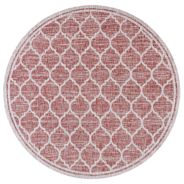 Trebol Moroccan Trellis Textured Weave Red/Beige 5 ft. Round Indoor/Outdoor Area Rug