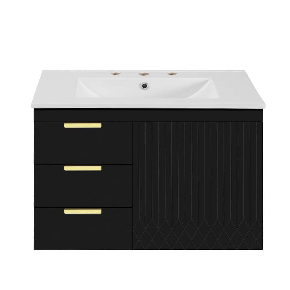 30 in. Wall Mounted Black Bath Vanity with White Ceramic Sink Top Drawers and Soft-Closing Door price history on PriceWatchPro