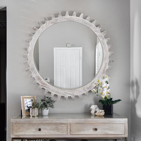 Modern 34 in. W x 34 in. H Round Framed Antique White Washed
