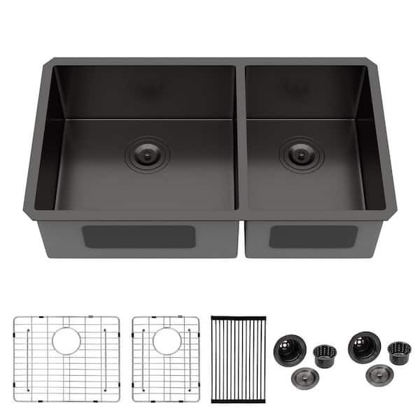 33 in. Undermount Double Bowl 60/40 Sink Gunmetal Black 16-Gauge Stainless Steel Kitchen Sink