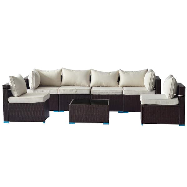Zeus & Ruta 7-Piece PE Rattan Wicker Outdoor Sectional Set Sofa Set Patio Conversation Sofa with Glass Table and Beige Cushion