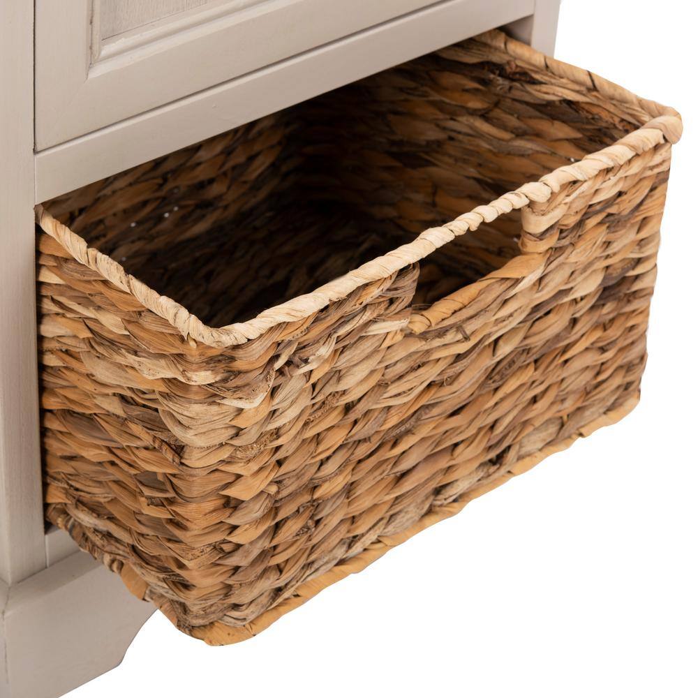 Transitional Vintage Grey Pine Storage Unit with Woven Basket