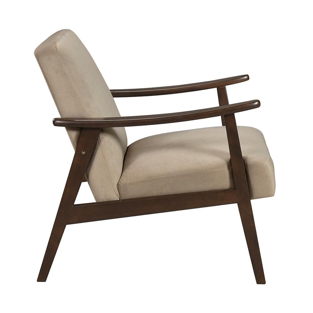 Light Brown Velvet and Wood Mid-Century Modern Accent Chair