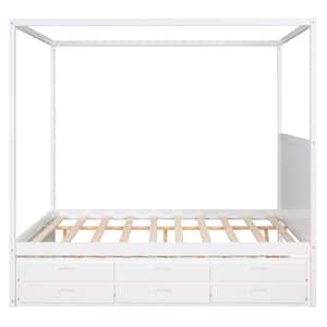 Modern White Wood Frame Queen Size Canopy Platform Bed with Twin Size Trundle and Three Storage Drawers for Adults