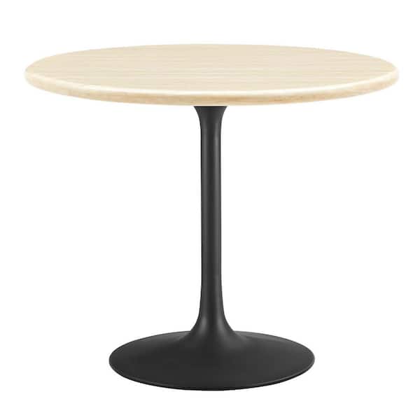 MODWAY Lippa in Black Travertine Wood 36 in. Pedestal Round Artificial Travertine Dining Table Seats 4