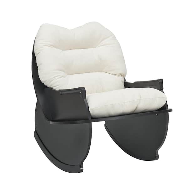 Tenleaf Black Wood Outdoor Rocking Chair with Beige Cushion