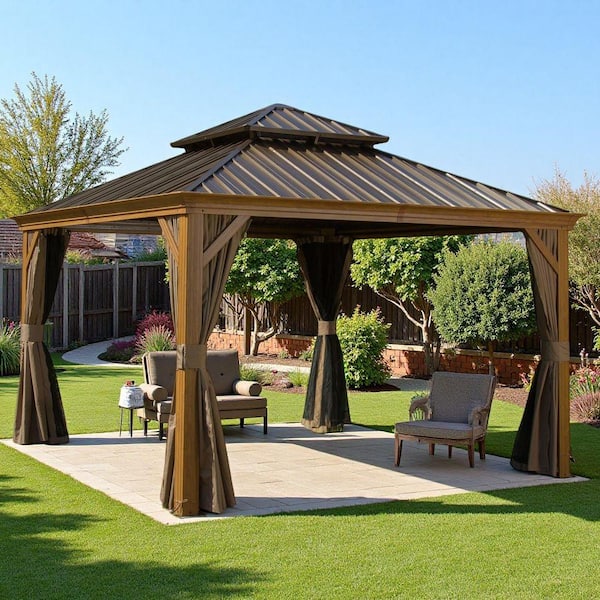 12 ft. x 12 ft. Brown Outdoor Aluminum Gazebo with Galvanized Steel Double Canopy Curtains and Netting for Deck Backyard