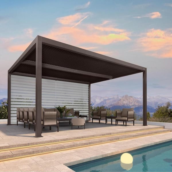 12 ft. x 16 ft. Bronze Aluminum Frame Louvered Pergola with Adjustable Sunshade Roofs and 1-Long Side Roller Shades