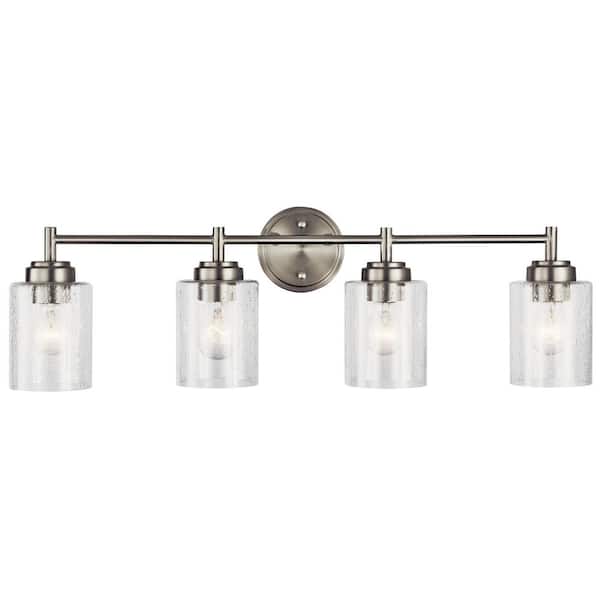 Winslow 30 in. 4-Light Brushed Nickel Contemporary Bathroom Vanity Light with Seeded Glass Shade