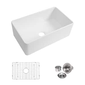 Fireclay 30 in. L x 18 in. W Farmhouse/Apron Front Single Bowl Kitchen Sink with Grid and Strainer