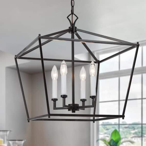 LNC Black Chandelier Modern Island Cage 4-Light White Classic Candlesticks High Ceiling Light