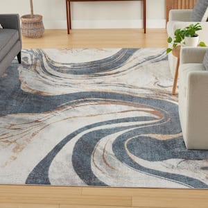 Astra Machine Washable Ivory Blue 8 ft. x 10 ft. Abstract Contemporary Area Rug