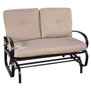 2-Person Black Metal Outdoor Bench with Beige Cushion